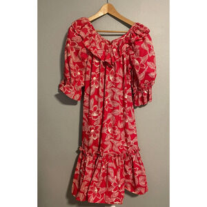 Vintage Pomare Womens Midi Dress Size 8 Red Floral Ruffle Hawaiian Tropical 70s
